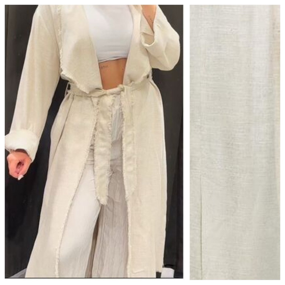 NWT. Zara Cream Viscose/Linen Blend Frayed Rustic Trench. Size M-L. - Picture 3 of 10